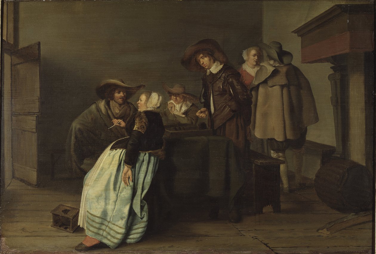Une samtale - En samtale, av Codde, Pieter (1599-1678). Olje på lerret av Pieter Codde