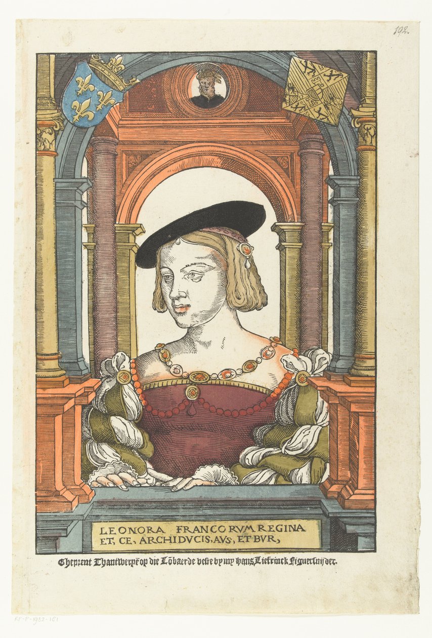 Portrett av Eleonora van Frankrijk Leonora dronning av frankerne og, ce, erkehertug, aus og bur, (tittel på objekt) av Pieter Coecke van Aelst (I) (circle of)