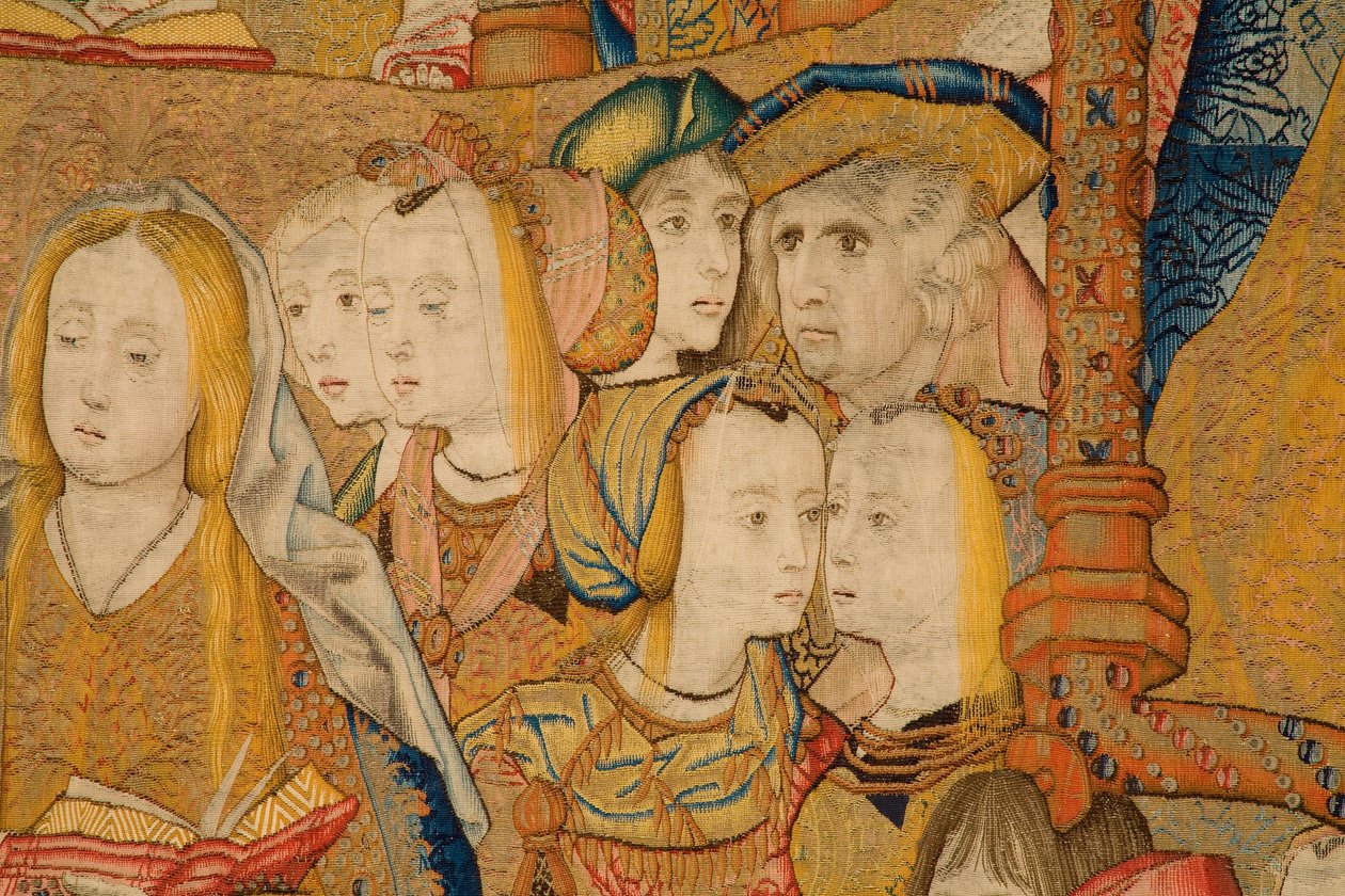 flamsk billedvev. Kunngjøring. Detalj, ca. 1502-04 (gull, sølv, silke og ull) av Pieter Coecke van Aelst