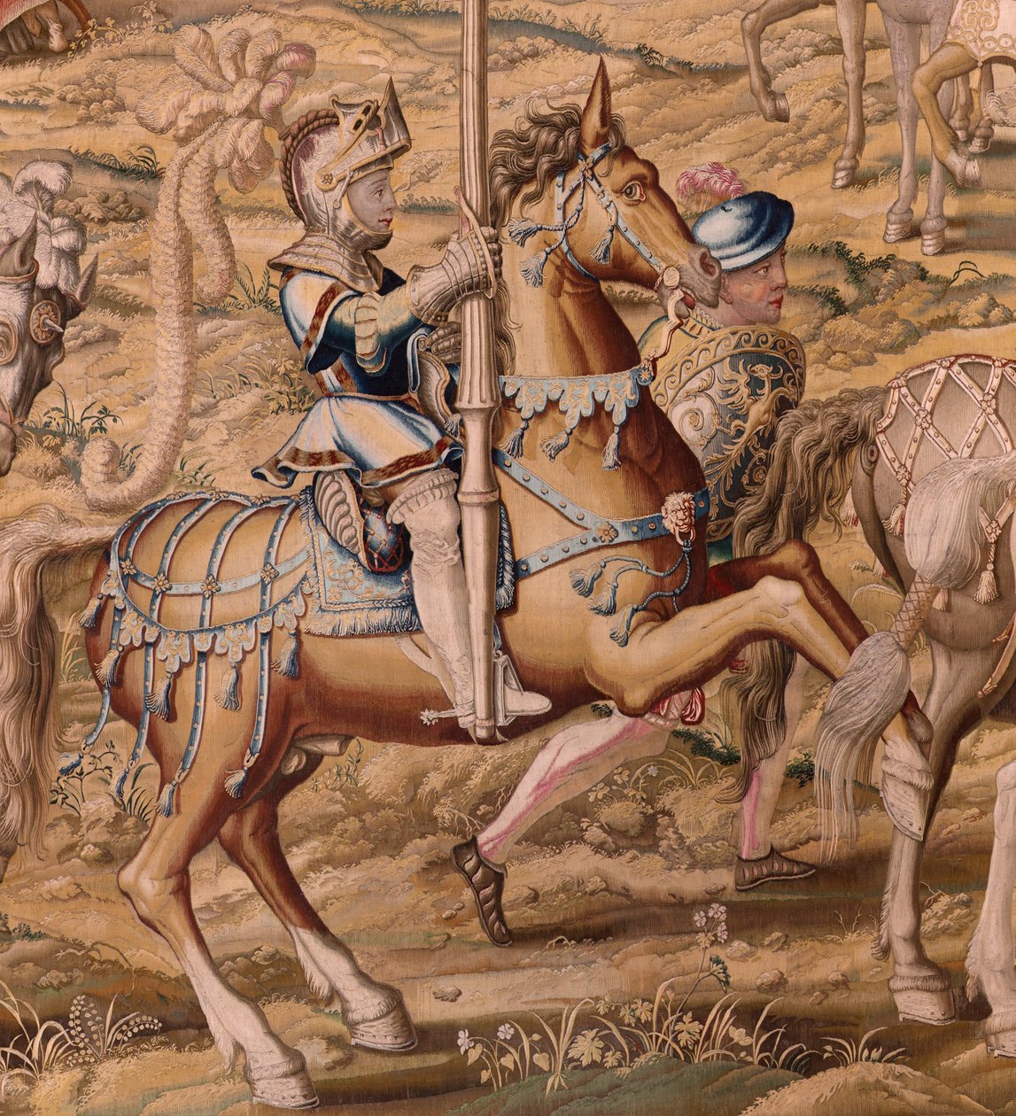 flamsk billedvev. Serien Erobringen av Tunis; Gjennomgang av troppene i Barcelona (La revista de las tropas en Barcelona). Andre billedvev i serien. Modell Jan Vermeyen og Pieter Coecke van Aelst. 1543-1548. Produksjon Real Fábrica de Tapices de Sant av Pieter Coecke van Aelst