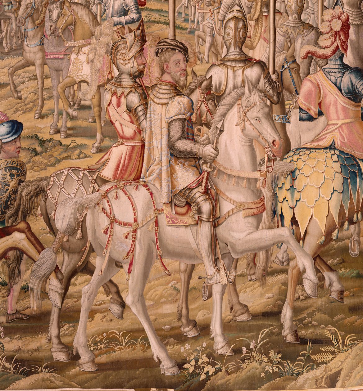 flamsk billedvev. Serien Erobringen av Tunis; Gjennomgang av troppene i Barcelona (La revista de las tropas en Barcelona). Andre billedvev i serien. Modell Jan Vermeyen og Pieter Coecke van Aelst. 1543-1548. Produksjon Real Fábrica de Tapices de Sant av Pieter Coecke van Aelst