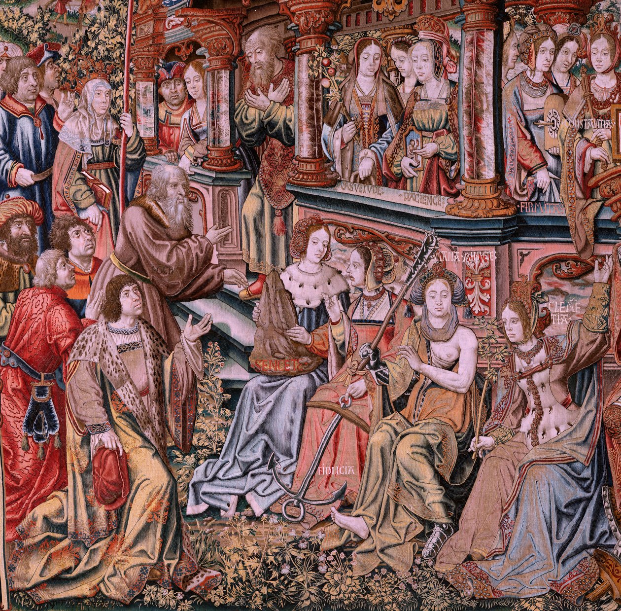 flamsk billedvev. Serien The Honours. Dyd (La Virtu, El Vicio). Åttende billedvev i serien. Modelltegnere fra kretsen til Bernard van Orley og Jan Gossaert (Mabuse). Produksjon Pieter van Aelst, Brussel. Ca 1550. Stoff Gull, sølv, silke a av Pieter Coecke van Aelst