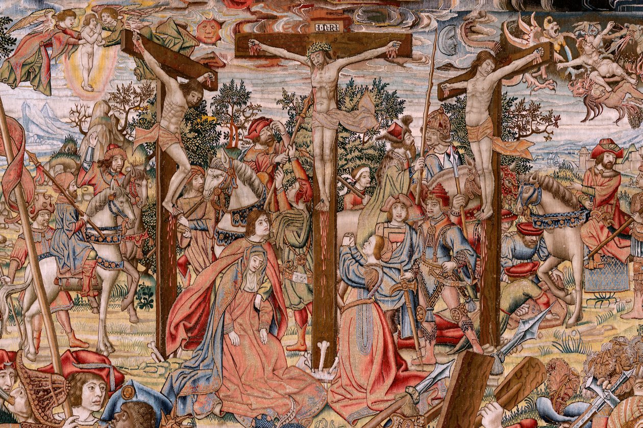 flamsk billedvev. Serien The Passion of Christ; Veien til Golgata og møte med Veronica (Camino del Calvario y encuentro con la Verónica). Første billedvev av de som ble holdt av riksantikvaren. Modelltegnere fra kretsen til Jan van Roome og Bern av Pieter Coecke van Aelst
