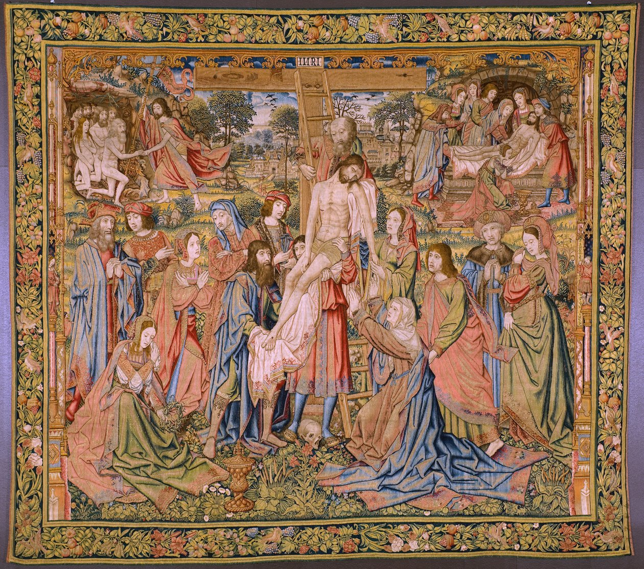 flamsk billedvev. Serien The passion of Christ: Descent from the cross (Kruisafneming, Descandimiento de la cruz). Produksjon Pieter van Aelst. Tegneserieskaper Jan van Roome. Ca 1507-1520. av Pieter Coecke van Aelst