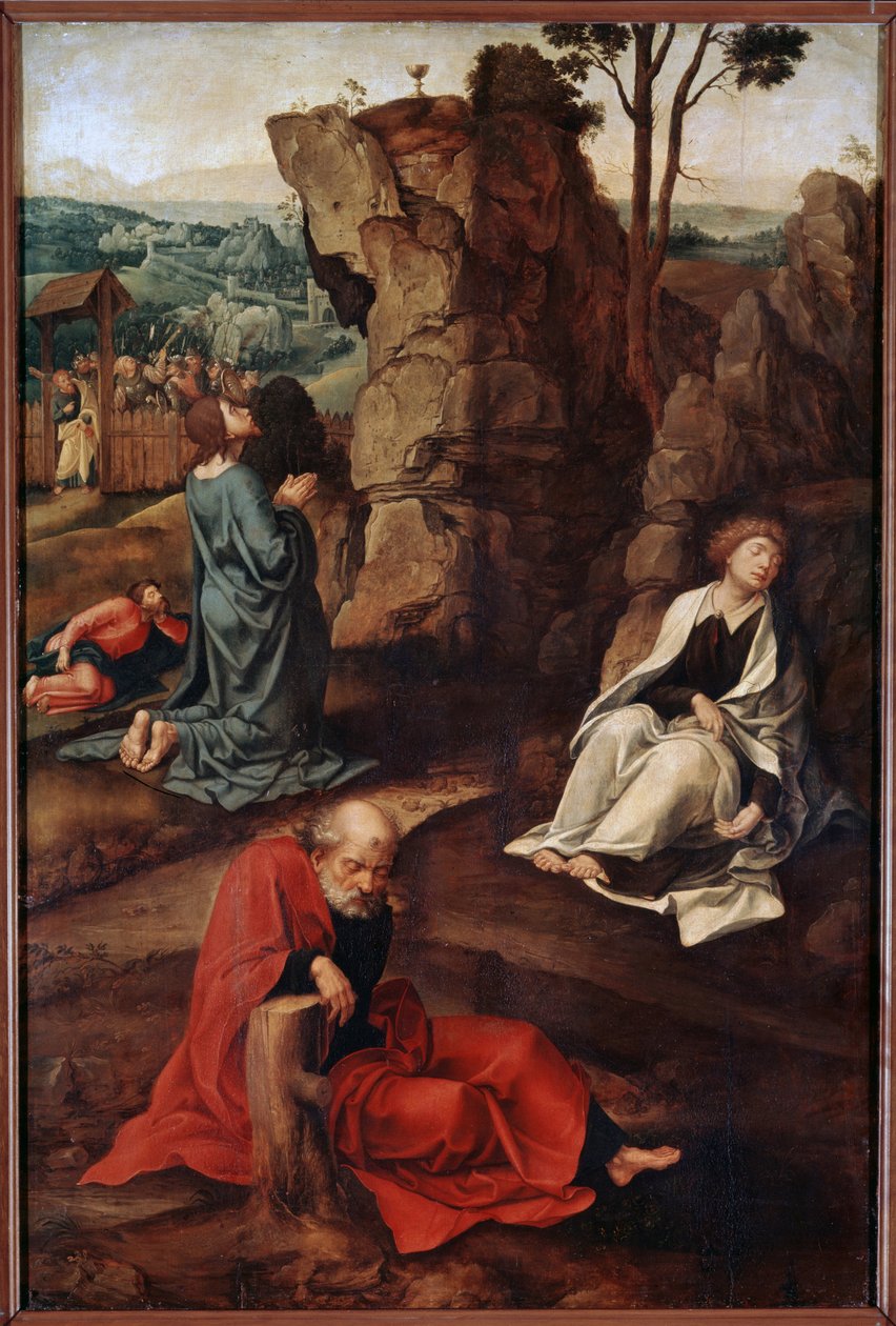 ""Bønn i olivenhagen"" (Kval i hagen) Etter det siste måltidet går Kristus til Getsemane-høyden som dominerer Jerusalem sammen med apostlene. De romerske soldatene hjelper Judas nærmer seg for å arrestere ham. Maleri av Pieter Coe av Pieter Coecke van Aelst