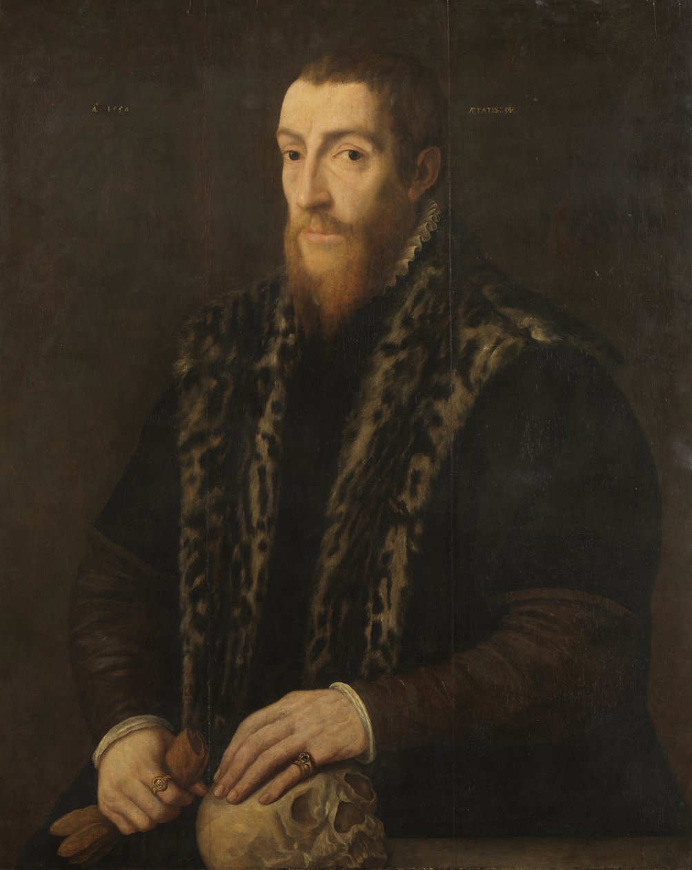 Portrett av en mann med hodeskalle, 1550 av Pieter Coecke van Aelst