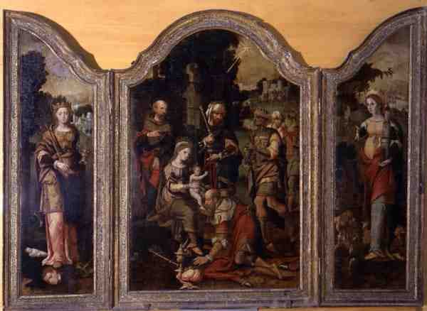 Triptyk som viser tilbedelsen av magiene og to helgener (olje på panel) av Pieter Coecke van Aelst
