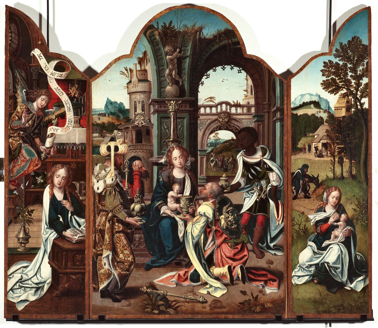 Triptych of the Adoration of the Magi Venstre panel: Annunciation - Høyre panel: Annunciation, til venstre og Flight into Egypt til høyre Maleri av Pieter Coeck van Aelst (1502-1550) Genes Musei di Strada Nuova fra 1500-tallet (ex Palazzo Bianco) inv n PB av Pieter Coecke van Aelst