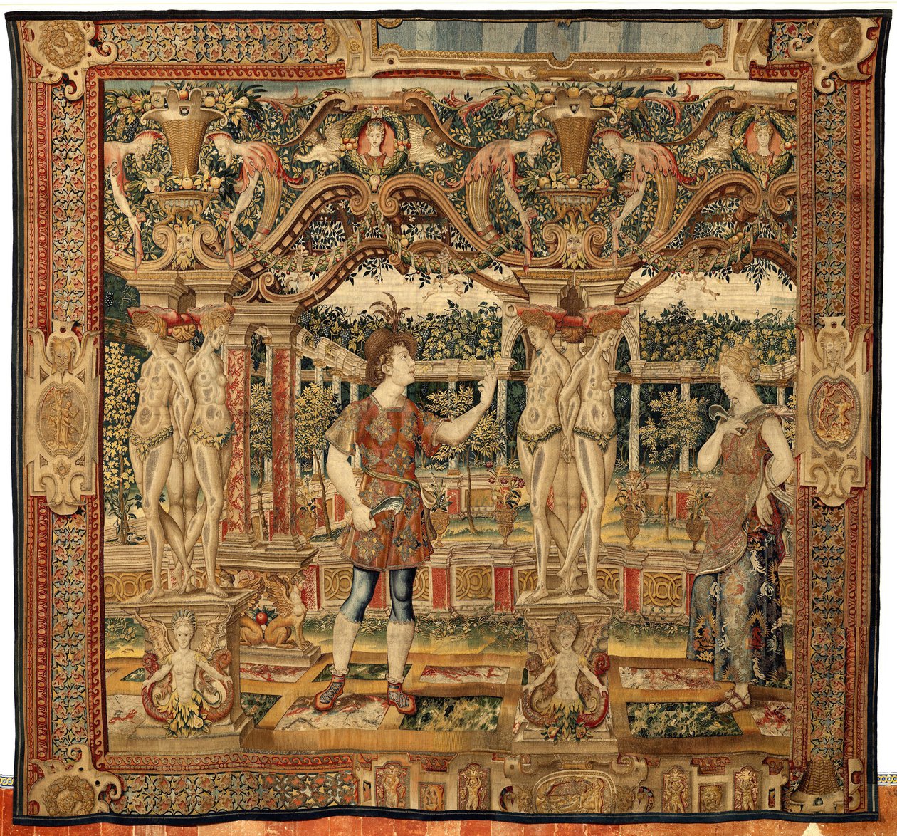 Vertumnus og Pomona: Vertumnus forvandlet til en beskjærer, ca. 1550 (gull, ull og silke) av Pieter Coecke van Aelst