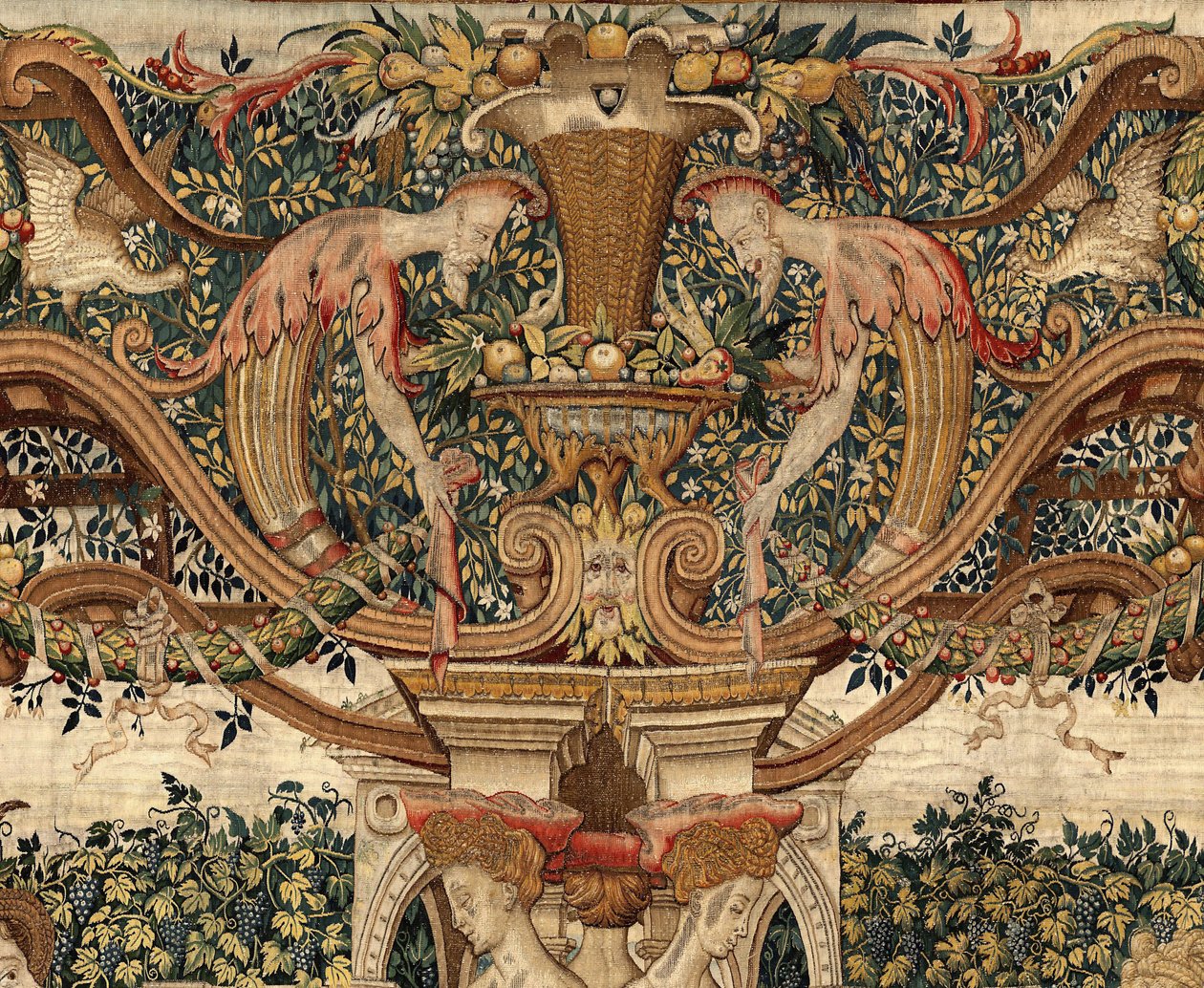 Vertumnus og Pomona: Vertumnus forvandlet til en beskjærer, ca. 1550 (gull, ull og silke) av Pieter Coecke van Aelst