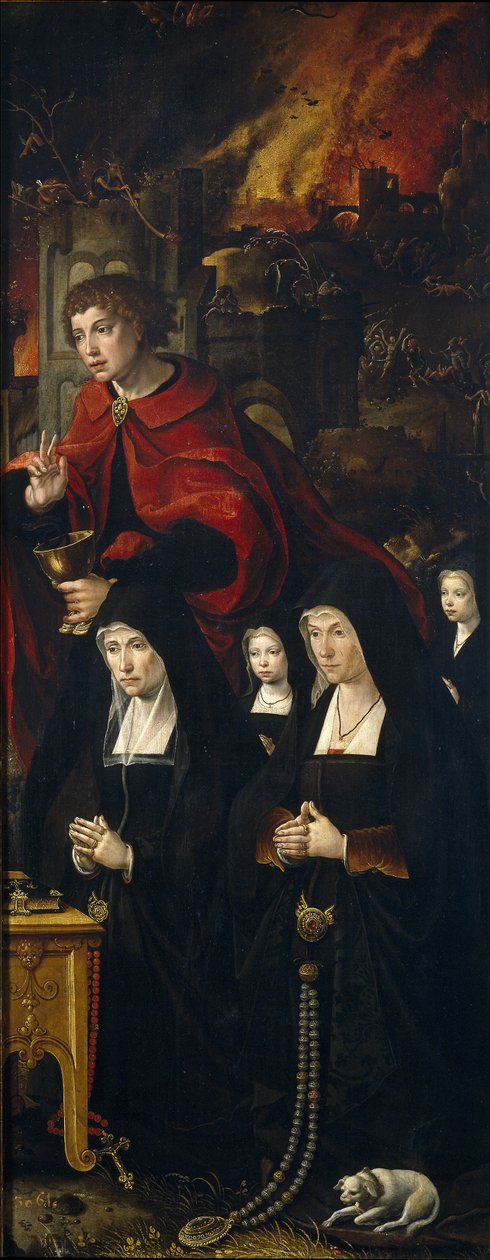 Evangelisten Johannes med to kvinner og to bedende jenter Høyre panel av The Last Judgment tri av Pieter Coecke van Aelst