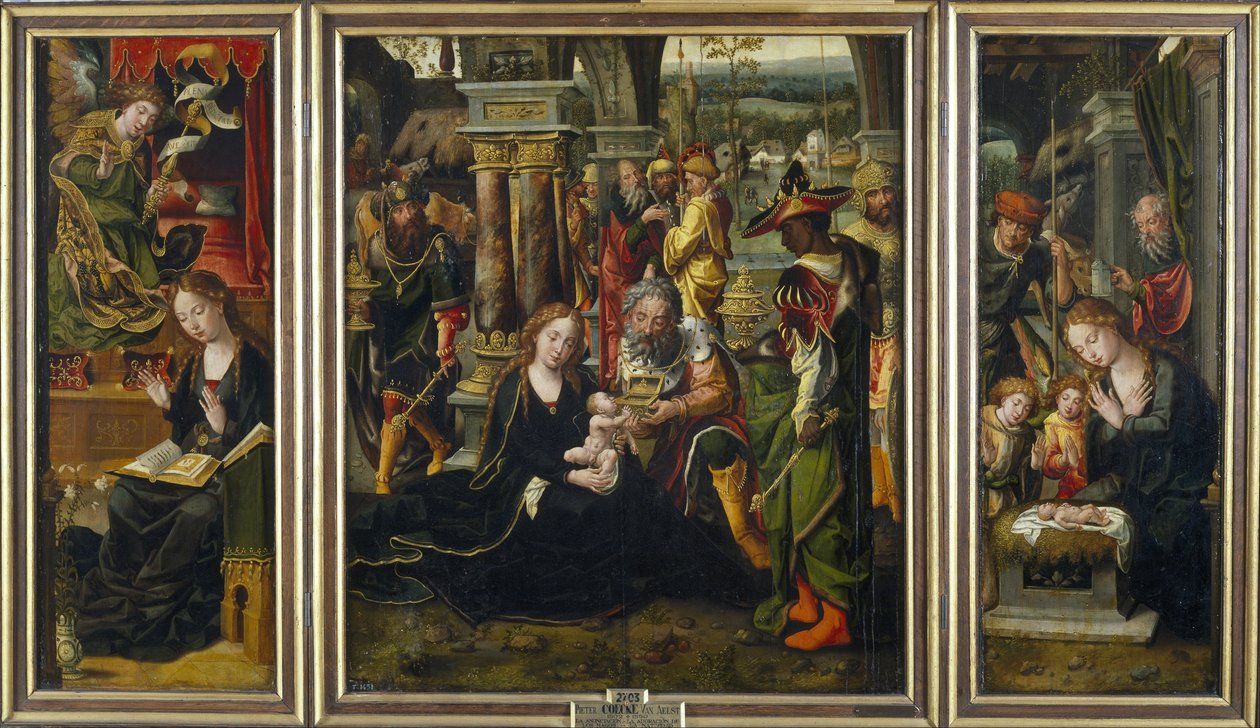 Kunngjøringen. Tilbedelsen av magiene. Hyrdenes tilbedelse, andre kvartal av 1 av Pieter Coecke van Aelst