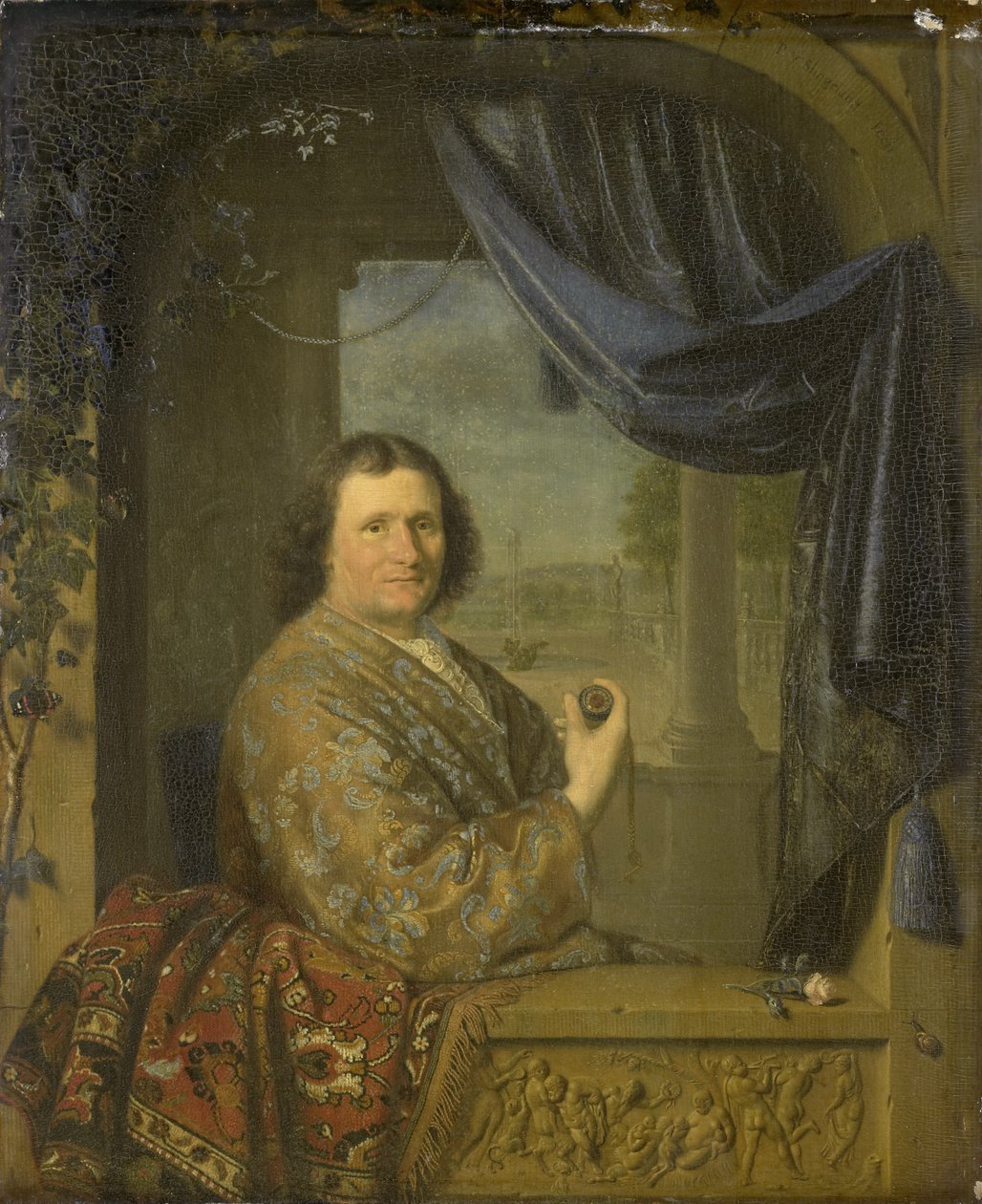 Portrett av en mann som holder en klokke, 1688 av Pieter Cornelisz Slingelandt van