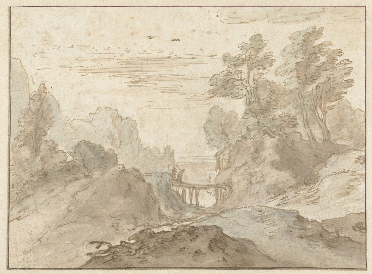 Fjelllandskap med to figurer på en smal bro av Pieter Dircksz van Santvoort (possibly)