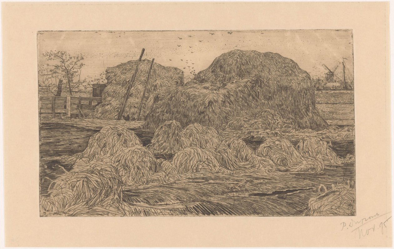 Høystakker i en åker av Pieter Dupont (signed by artist)