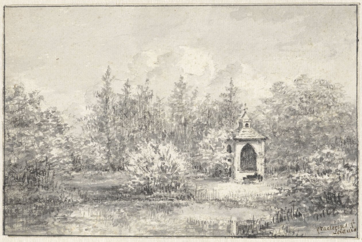 Utsikt i parken Leiduin, med et hus mellom trærne av Pieter Ernst Hendrik Praetorius