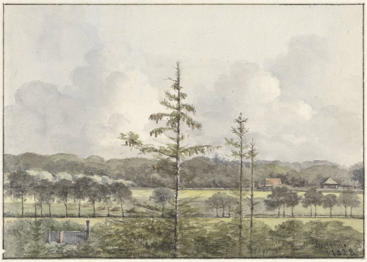 Utsikt over enger med gårder av Pieter Ernst Hendrik Praetorius