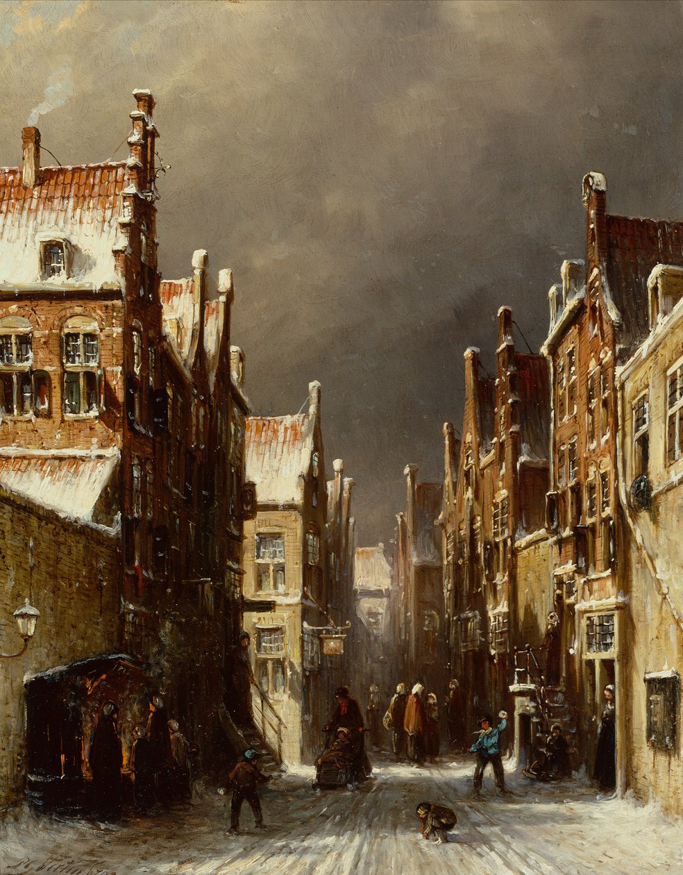 Vintergatescene med barn som kaster snøballer av Pieter Gerard Vertin