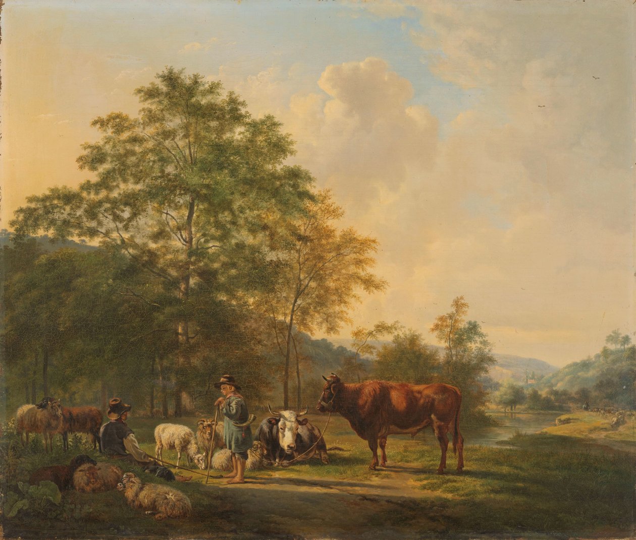 Kupert landskap med gjeter, drover og storfe av Pieter Gerardus van Os