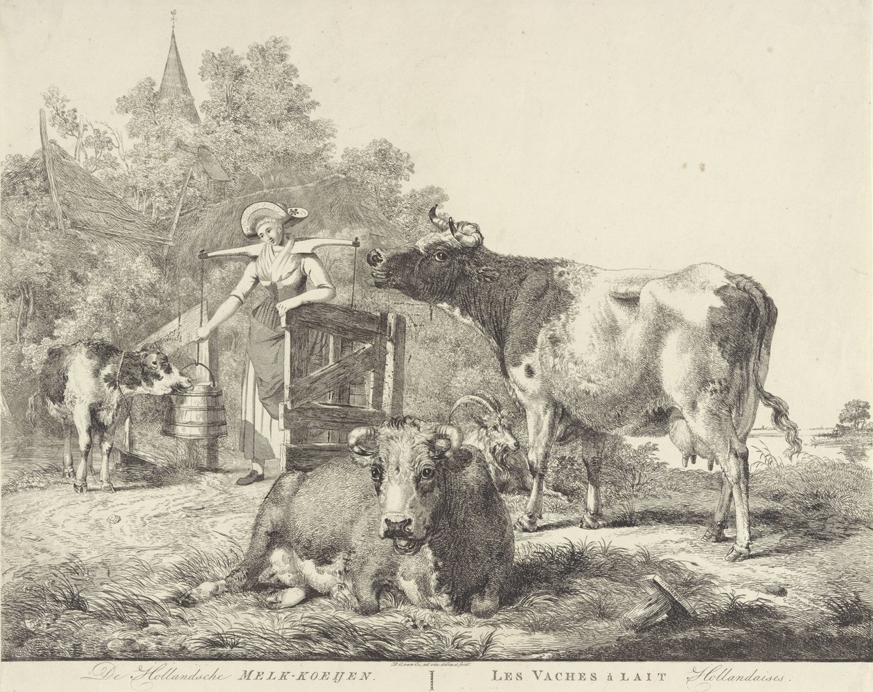 Kyr og melkepike De Hollandsche Melk-koeijen/ Les vaches â lait hollandaises (tittel på objekt) av Pieter Gerardus van Os