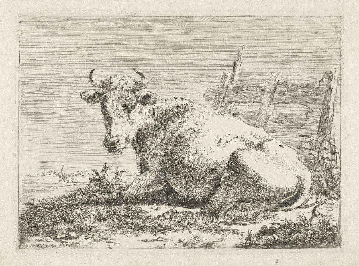 Liggende ku ved et gjerde Kyr (serietittel) av Pieter Gerardus van Os