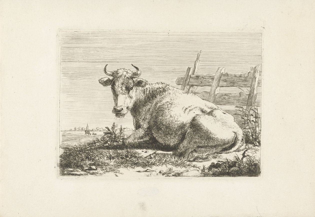 Liggende ku ved et gjerde Kyr (serietittel) av Pieter Gerardus van Os