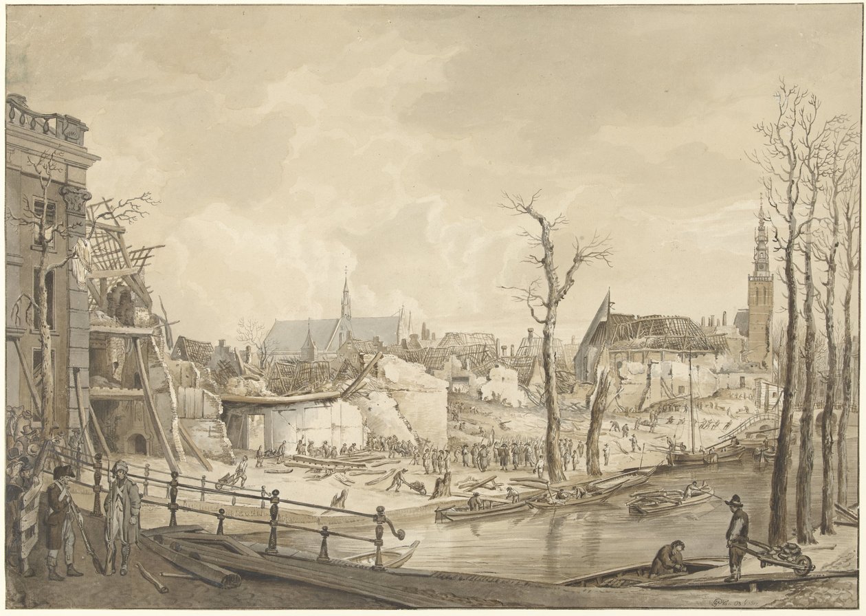 Ruiner på nordsiden av Steenschuur etter kruttkatastrofen i Leiden, 12. januar 1807 av Pieter Gerardus van Os