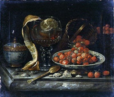 Stilleben av kinesisk blå og hvit skål og deksel, glass Roemer, gullskje og frukt (olje på lerret) av Pieter Gerritsz. van (manner of) Roestraten