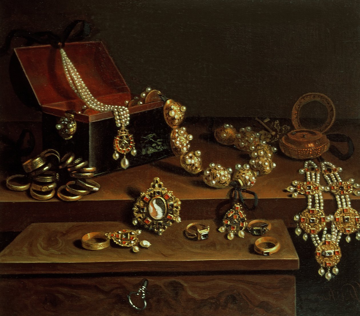 Kist med juveler på et bord, hovedsakelig av tysk opprinnelse (1600-50) av Pieter Gerritsz. van Roestraten