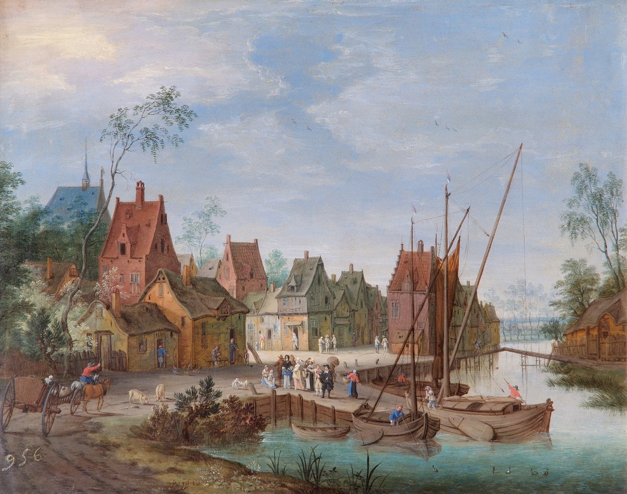 A Flemish Village: The River Landing Stage (olje på kobber) av Peeter Gijsels