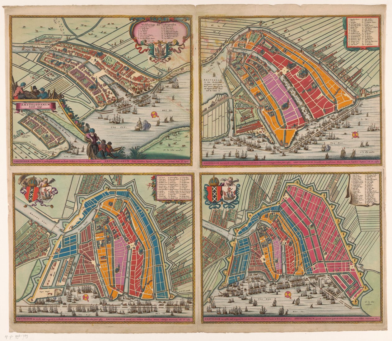 Fire kart over Amsterdam fra 1400 til 1612 Amsteldam soo it selve has been omhaynt (...) (tittel på objekt) Amsterdam forstørret for andre gang ble først forstørret med Steene Mueren inden jaere 1482 (...) (tittel på objekt) Amsteldam fjerde av Pieter Hendricksz. Schut (possibly)