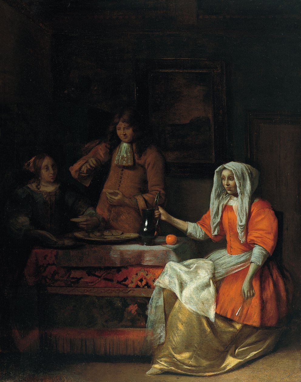 Interiør med to kvinner og en mann som drikker og spiser østers av Pieter Hooch de