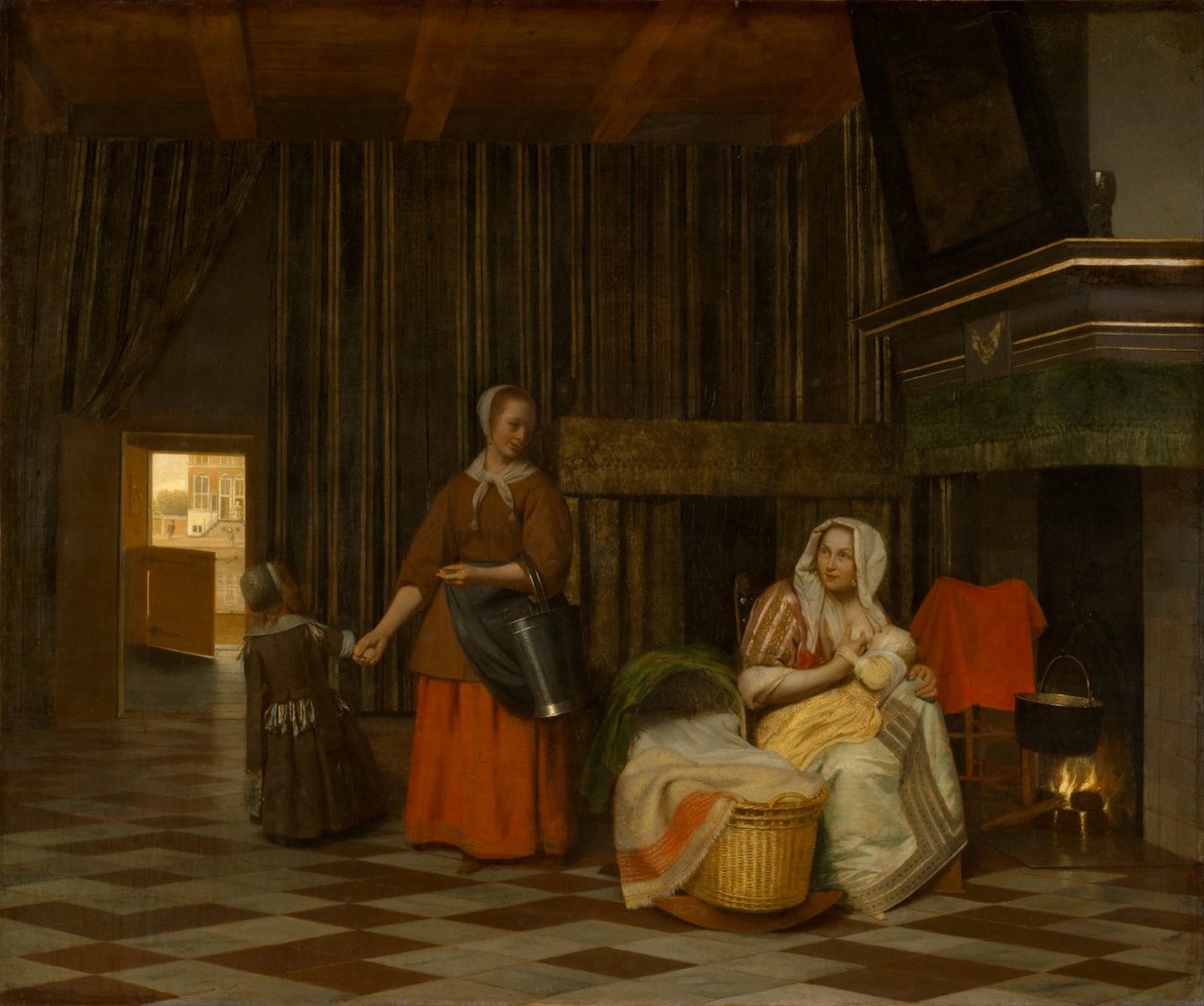 Kvinne og barn med tjenestepike, 1663-1665 av Pieter Hooch de