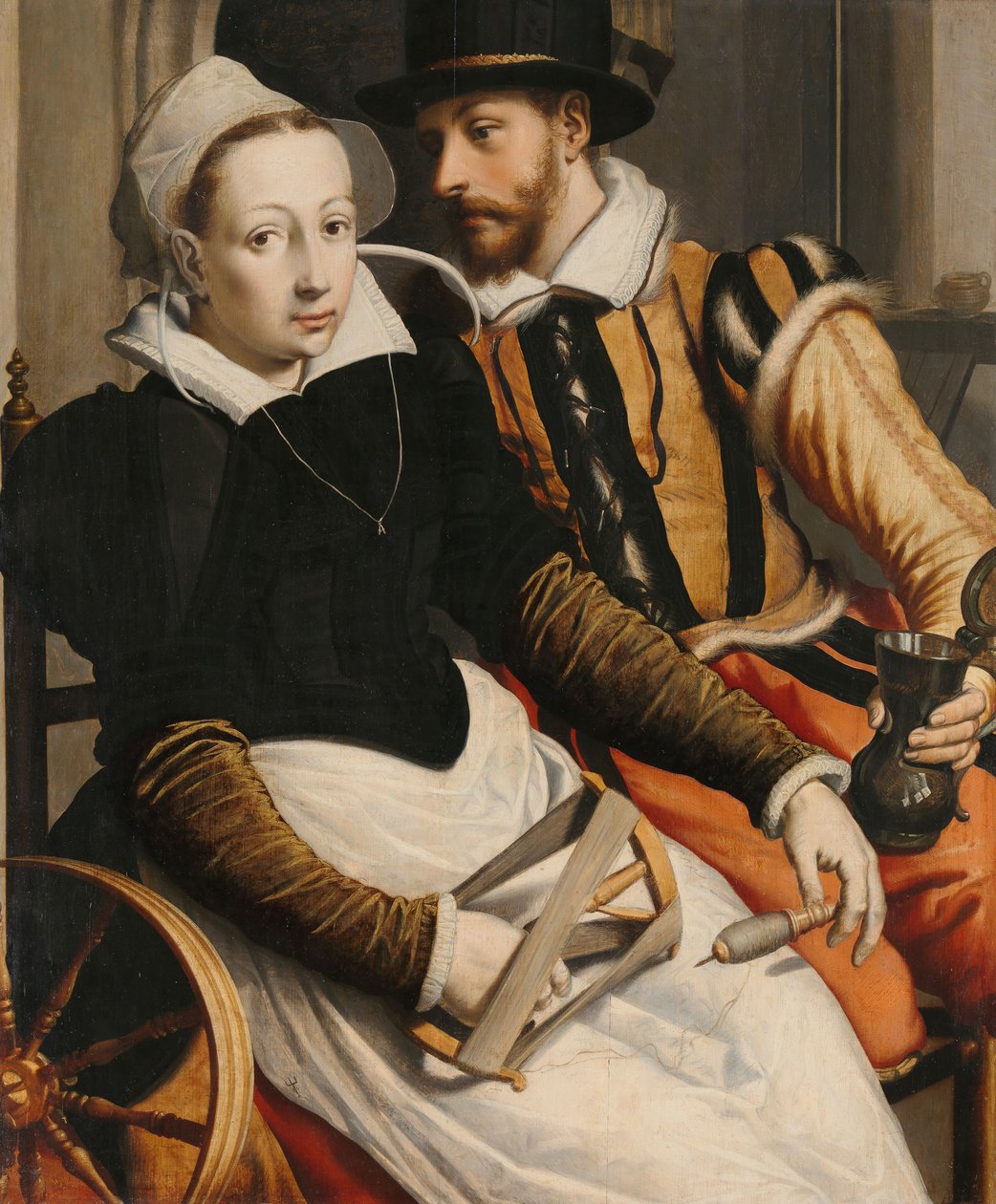 Mann og kvinne ved et snurrehjul, ca. 1560-70 av Pieter Pietersz the Elder