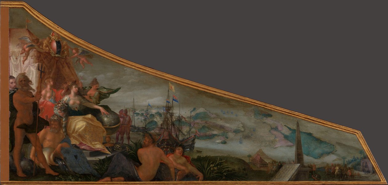 Amsterdam som senter for verdenshandel Maleri på et cembalolokk med en allegori om Amsterdam som sentrum for verdenshandelen av Pieter Isaacsz.