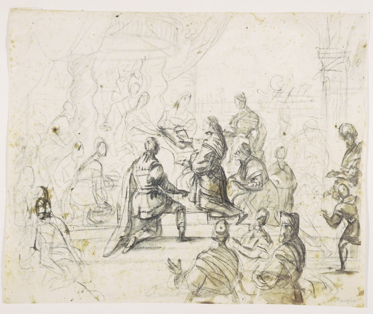 Figurer som kneler foran kongen på tronen av Pieter Isaacsz