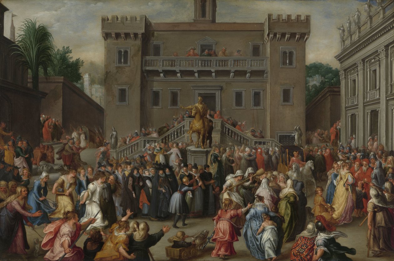 Kvinnene i Roma samles ved Capitol The Rising of the Women of Roma på Capitol på grunn av Papirius av Pieter Isaacsz.