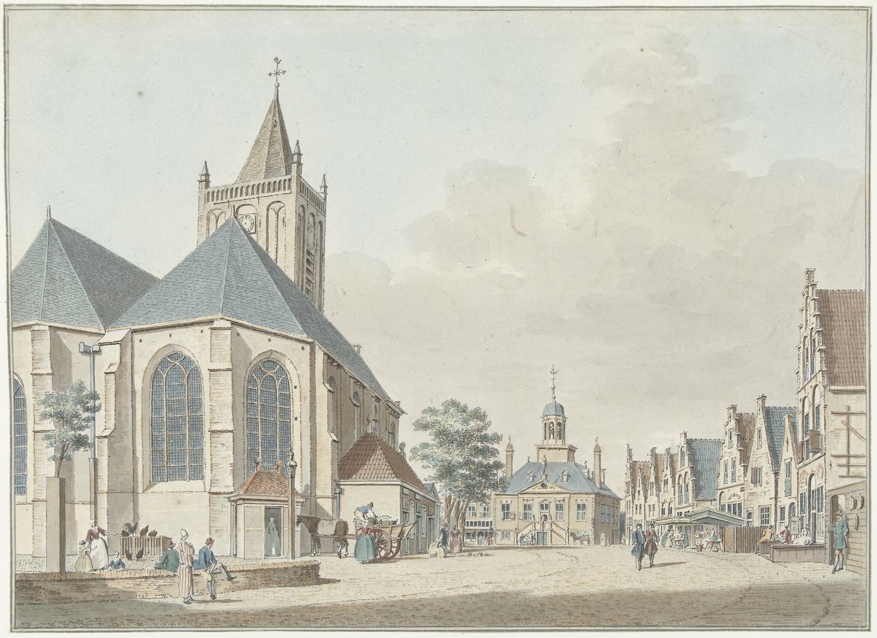 Markedet i Vlaardingen med kirken og rådhuset av Pieter Jan van Liender