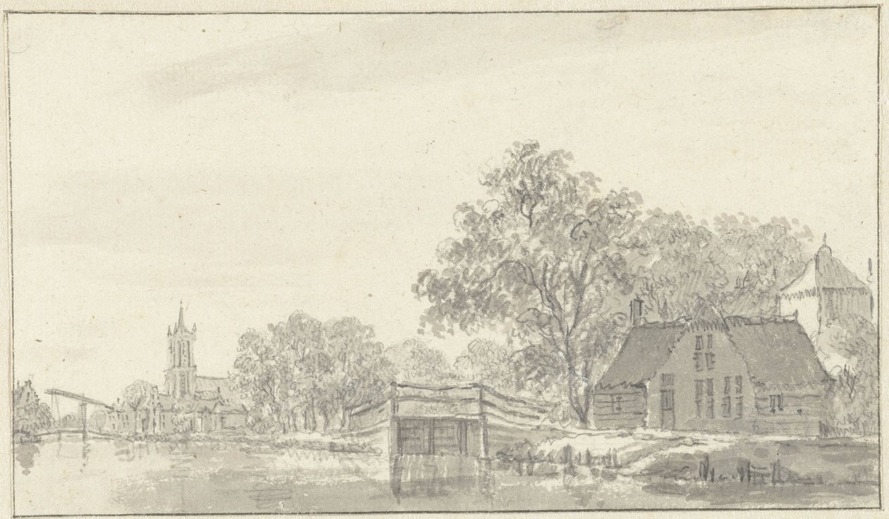 Utsikt over landsbyen med elv av Pieter Jan van Liender