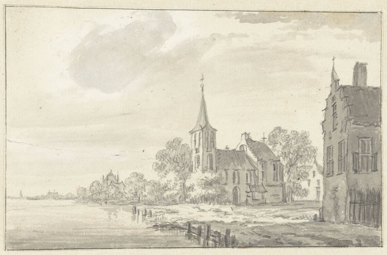 Landsbykirke og hus ved en elv av Pieter Jan van Liender