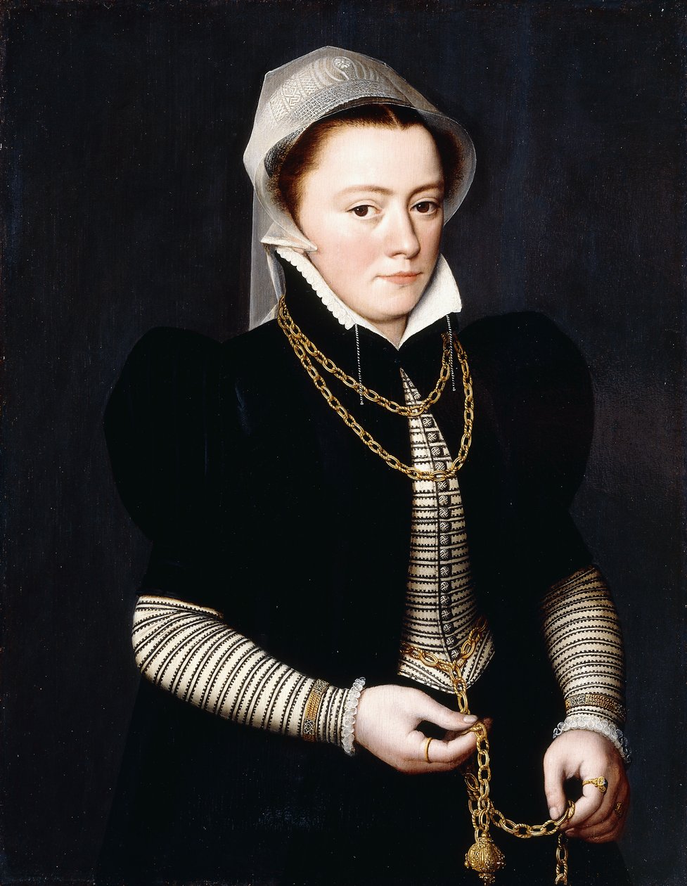 Portrett av en dame, stående, liten trekvart lengde, iført stripet bodice og svart frakk, holder en Pomander på en gullkjede, av Pieter Jansz. Pourbus