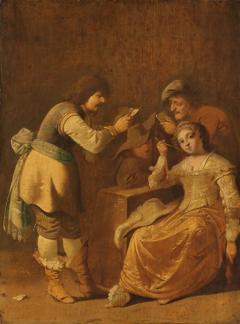 Kortspillere med kvinne som røyker en pipe av Pieter Jansz. Quast