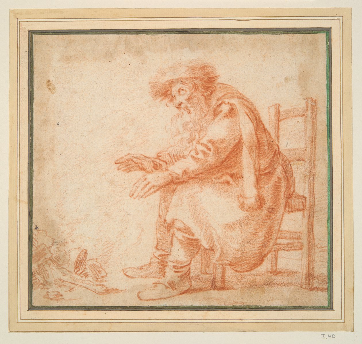 Gammel mann varmer hendene ved en brann av Pieter Jansz. Quast