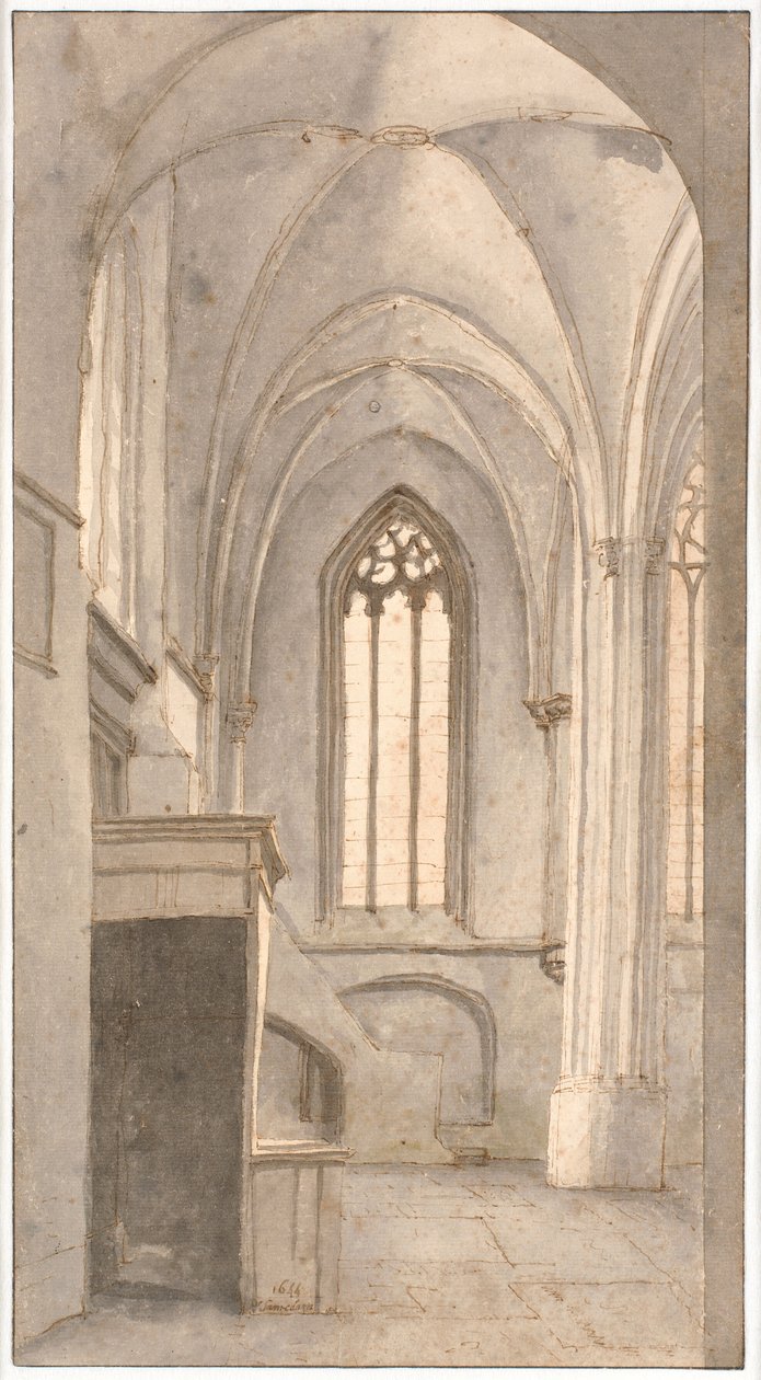 Utsikt over interiøret i kirken St. Cunera i Rhenen (prov. Utrecht) av Pieter Jansz Saenredam