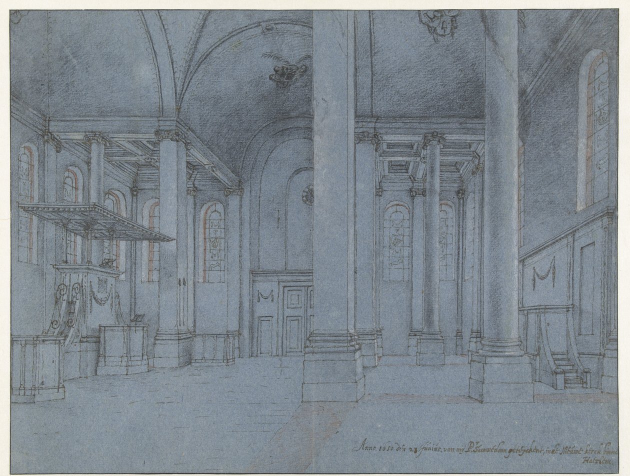 Utsikt over interiøret i Nieuwe Kerk, Haarlem, sett fra østenden av nordgangen ser vestover av Pieter Jansz Saenredam