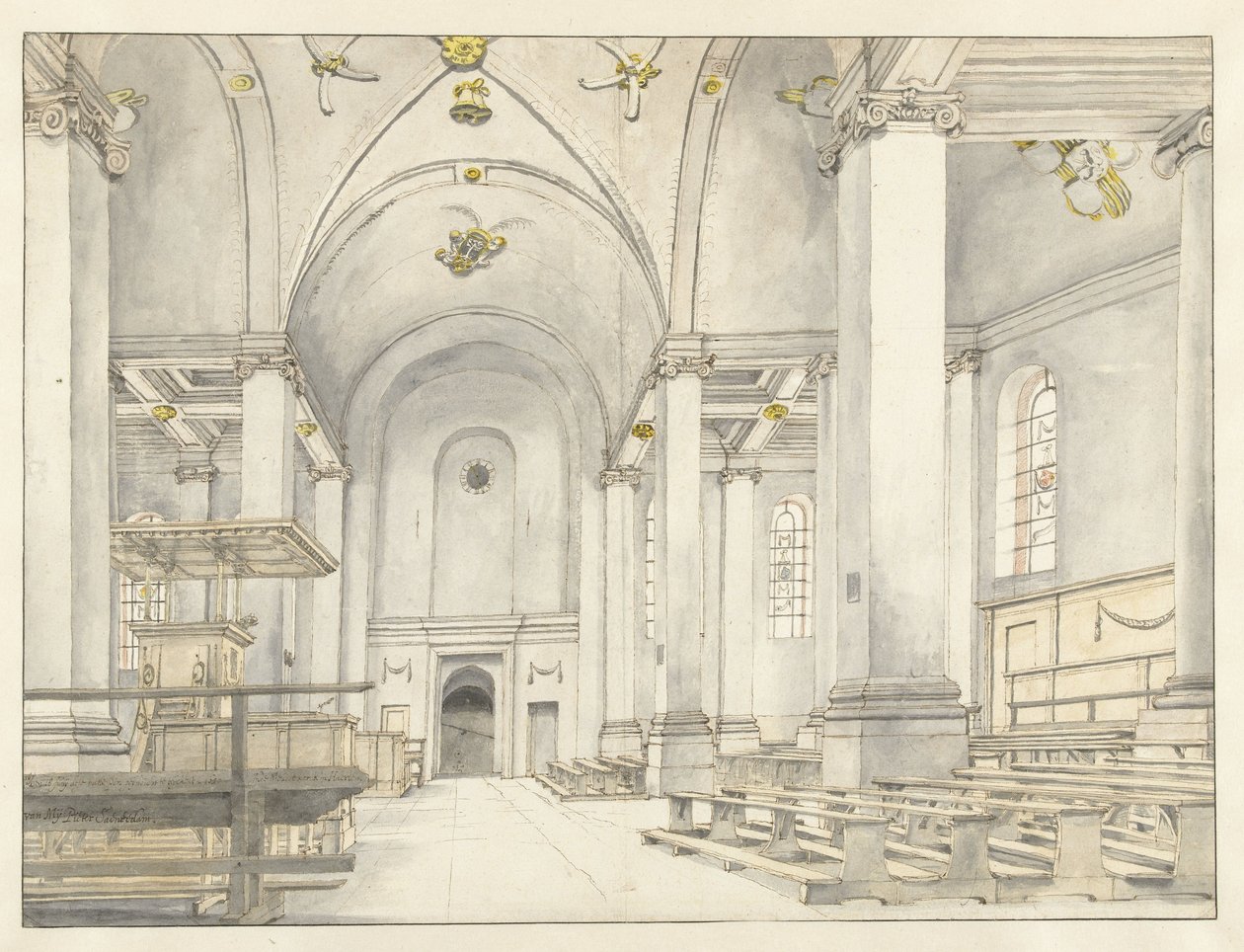 Utsikt over skipet til Nieuwe Kerk, Haarlem, med utsikt mot vest av Pieter Jansz Saenredam