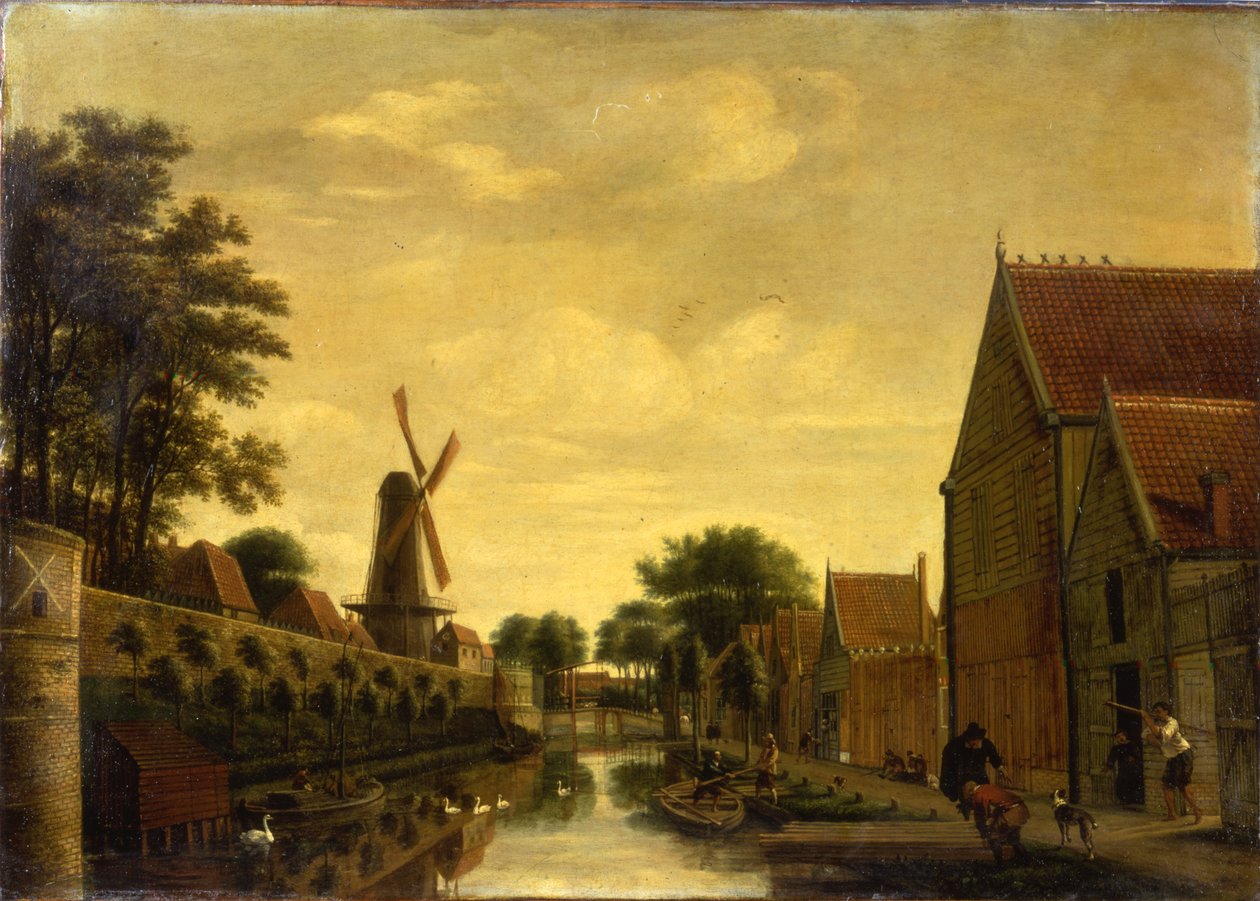 En kanal ved en bymur med arbeidere som losser tømmer, ca. 1650 av Pieter Jansz. van Asch