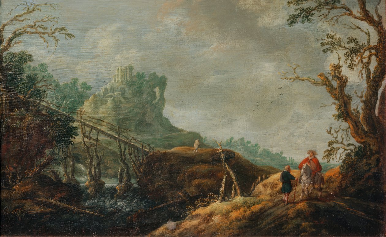 Elvelandskap med trebro og ruin av Pieter Jansz van Asch