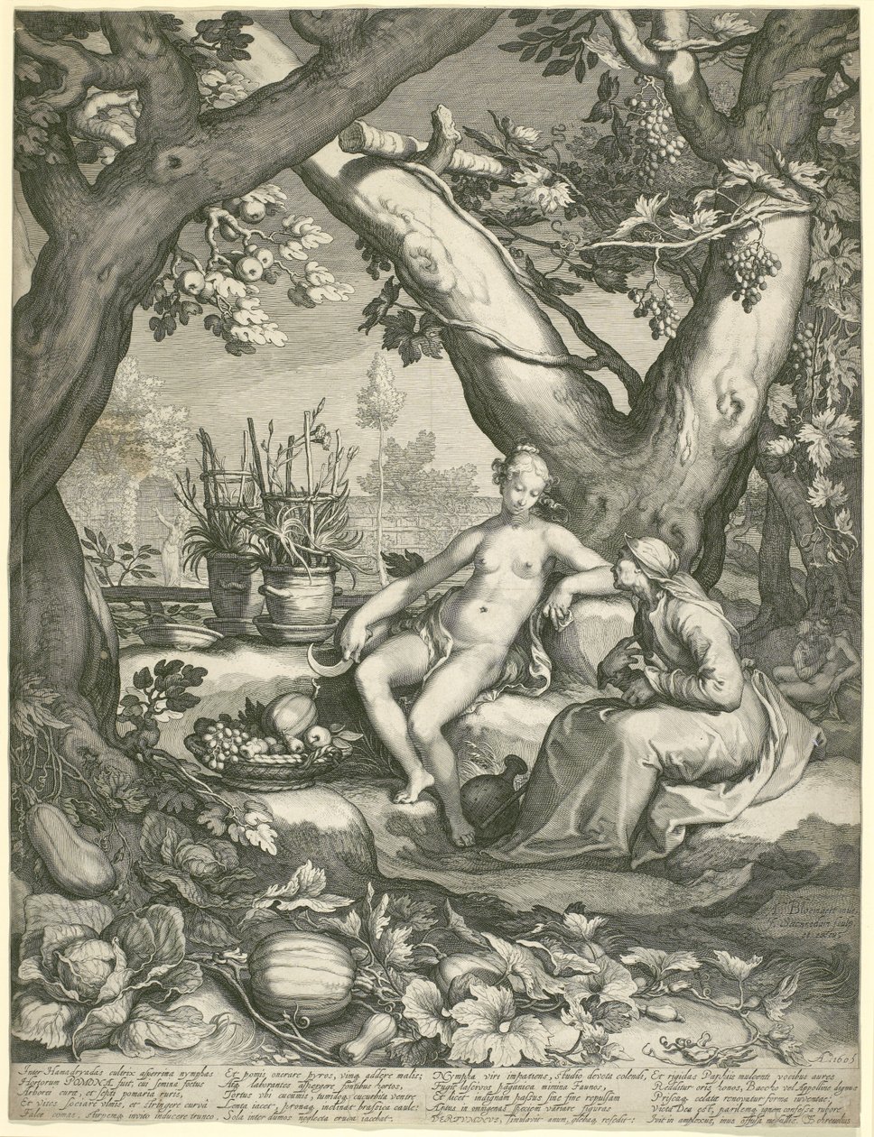 Vertumnus låner figuren til en gammel kvinne for å vinne Pomonas kjærlighet, 1605 (gravering på lagt papir) av Pieter Janszoon Saenredam