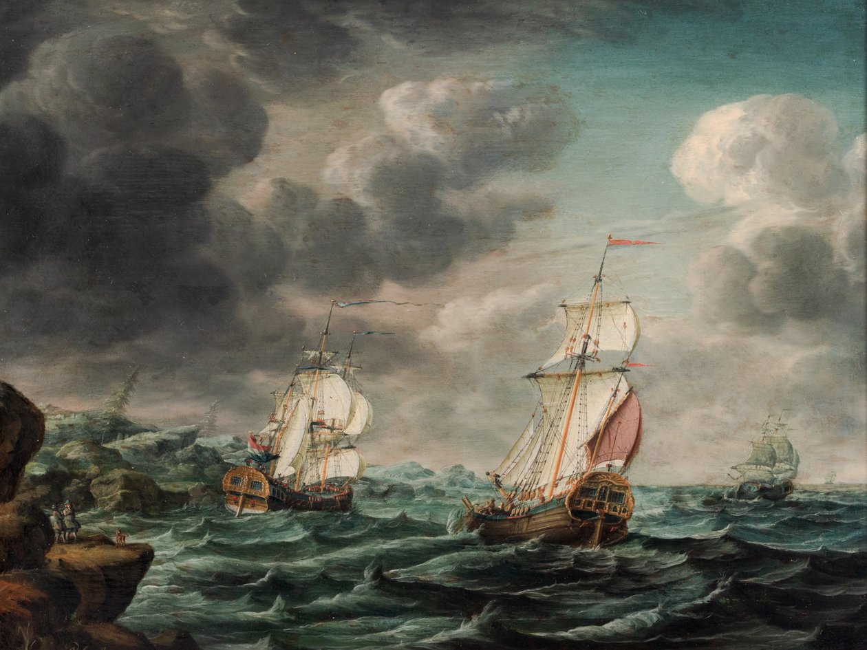 En nederlandsk Man-o’ krig og handelsfartøy utenfor et steinete nes av Pieter Jochums Lofvers